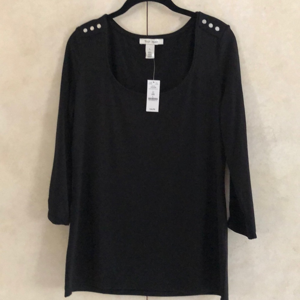 NWT WHBM. Black Jersey Top. 3/4 Sleeve. Silver Stud on Tab. 3 Studs on Shoulder.